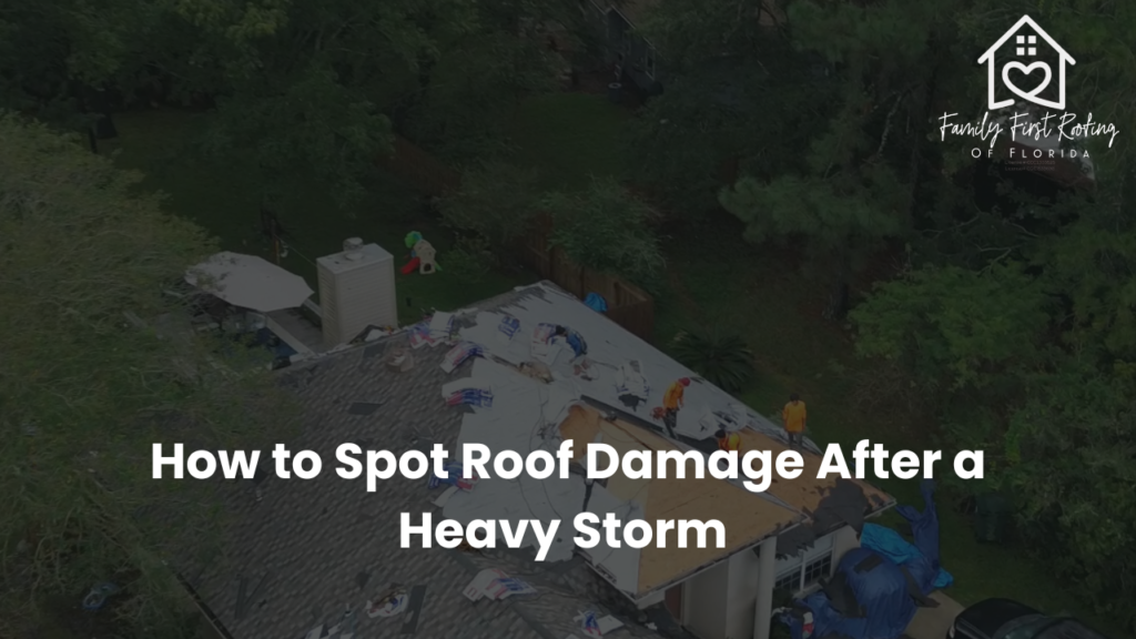 Residential roof showing storm damage after heavy Florida weather, with missing shingles, debris, water intrusion signs, and visible areas requiring roof inspection and repair.