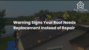 Close-up of damaged Florida roof shingles showing granule loss, cracking, and algae growth signs of needed roof replacement .
