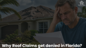 Florida homeowner reviewing denied roof insurance claim paperwork after storm damage with visible roof deterioration in background