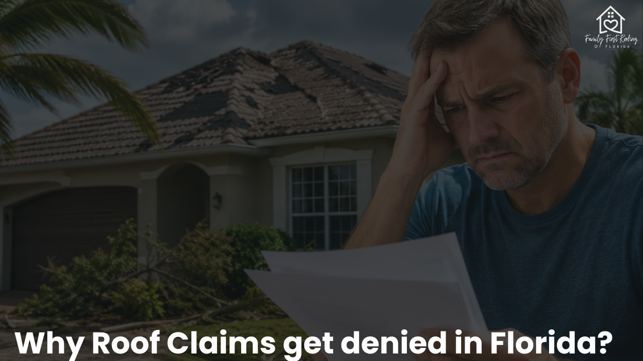 Florida homeowner reviewing denied roof insurance claim paperwork after storm damage with visible roof deterioration in background