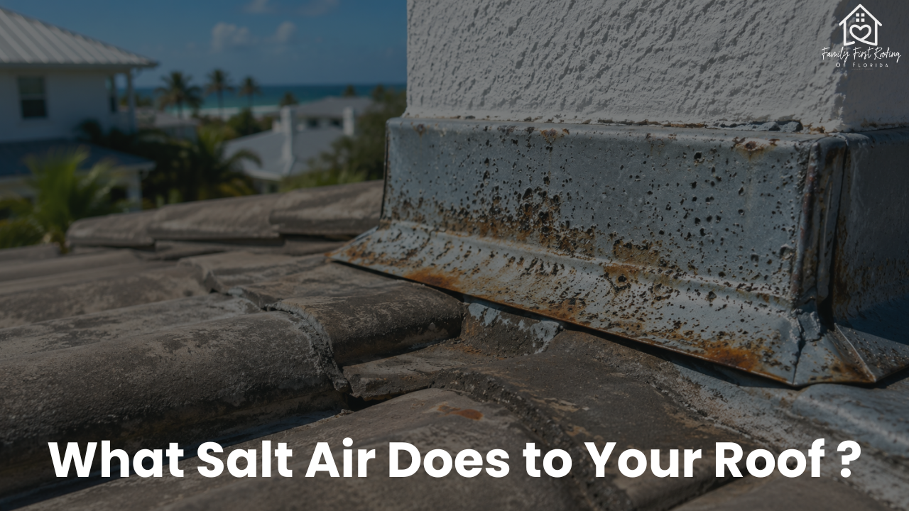 Close-up of corroded roof flashing and pitting damage on a coastal Florida home roof showing effects of salt air exposure.