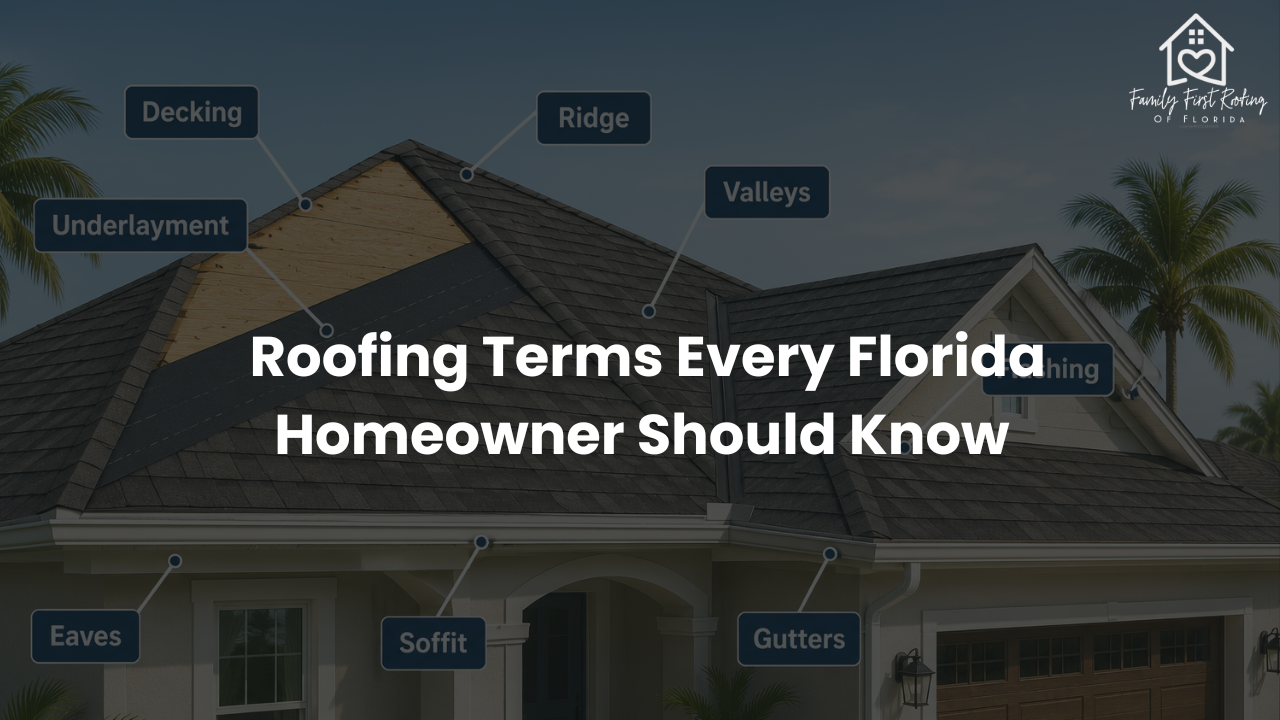 Labeled diagram of a Florida home roof showing key roofing terms including decking, underlayment, flashing, eaves, valleys, gutters, ridge, and soffit