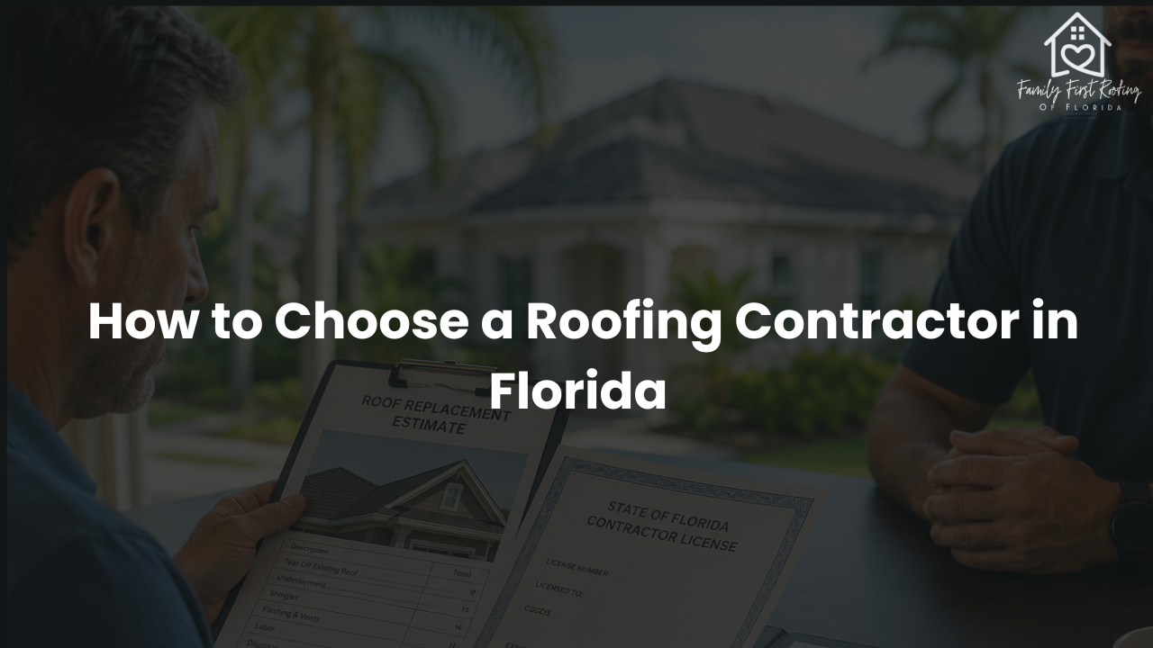 Florida homeowner reviewing roofing contractor estimate and license documents before signing an agreement for roof replacement
